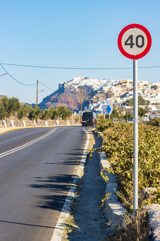 Speed Limit Sign on Road to Firá on Santorini in South Aegean Islands, Greece